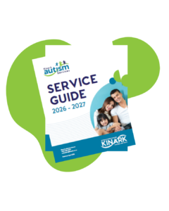 2026-2027 Service Guide cover with a photo of a family smiling and various green and blue blob shapes.